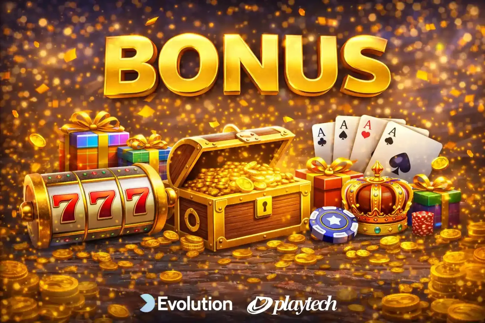 Exciting casino bonuses with treasure chest slot machine playing cards and gift boxes