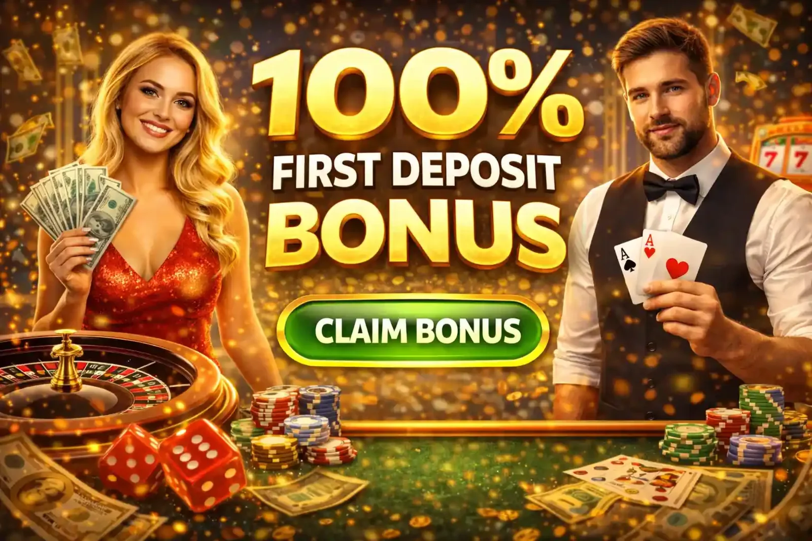 100 percent first deposit bonus promotion with attractive dealers and claim bonus button