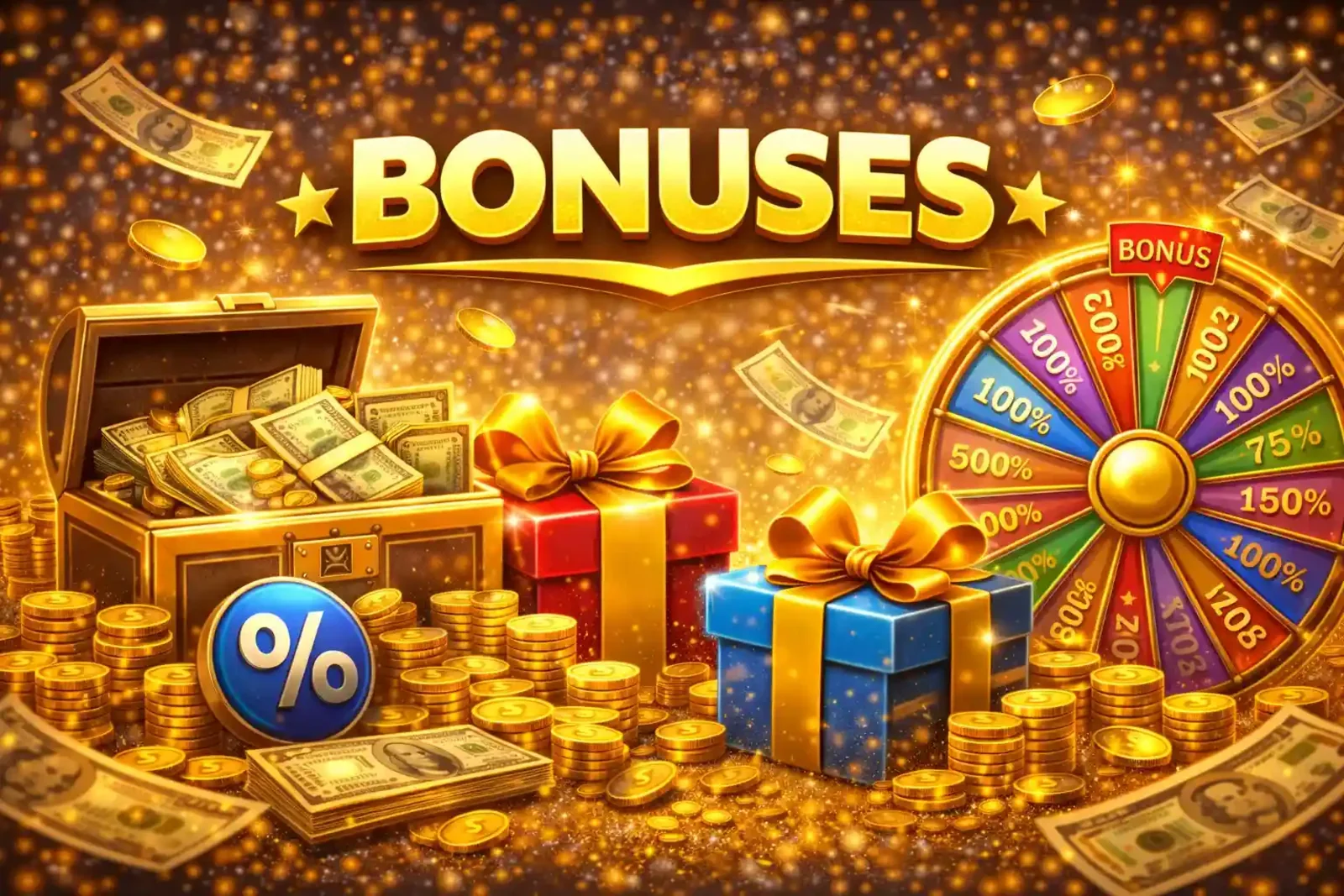 Generous welcome bonus offers with prize wheel percentage symbols and multiple reward options