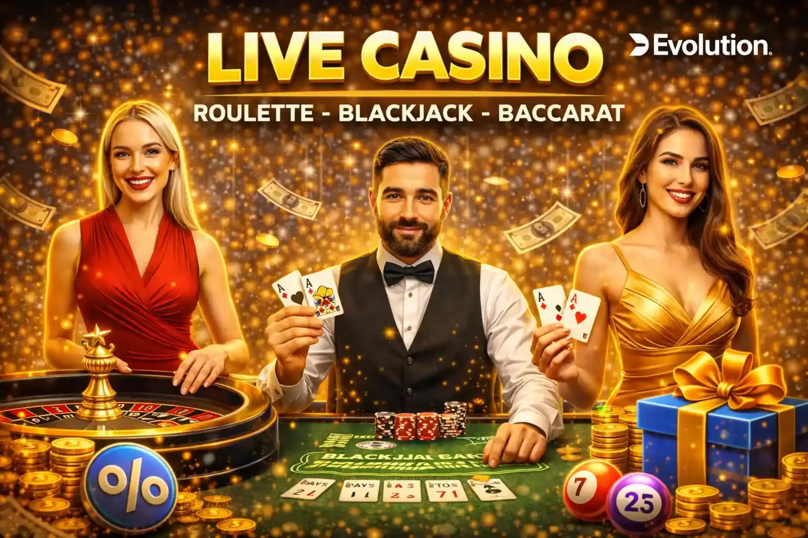 Live casino banner featuring roulette blackjack and baccarat with professional dealers from Evolution Gaming
