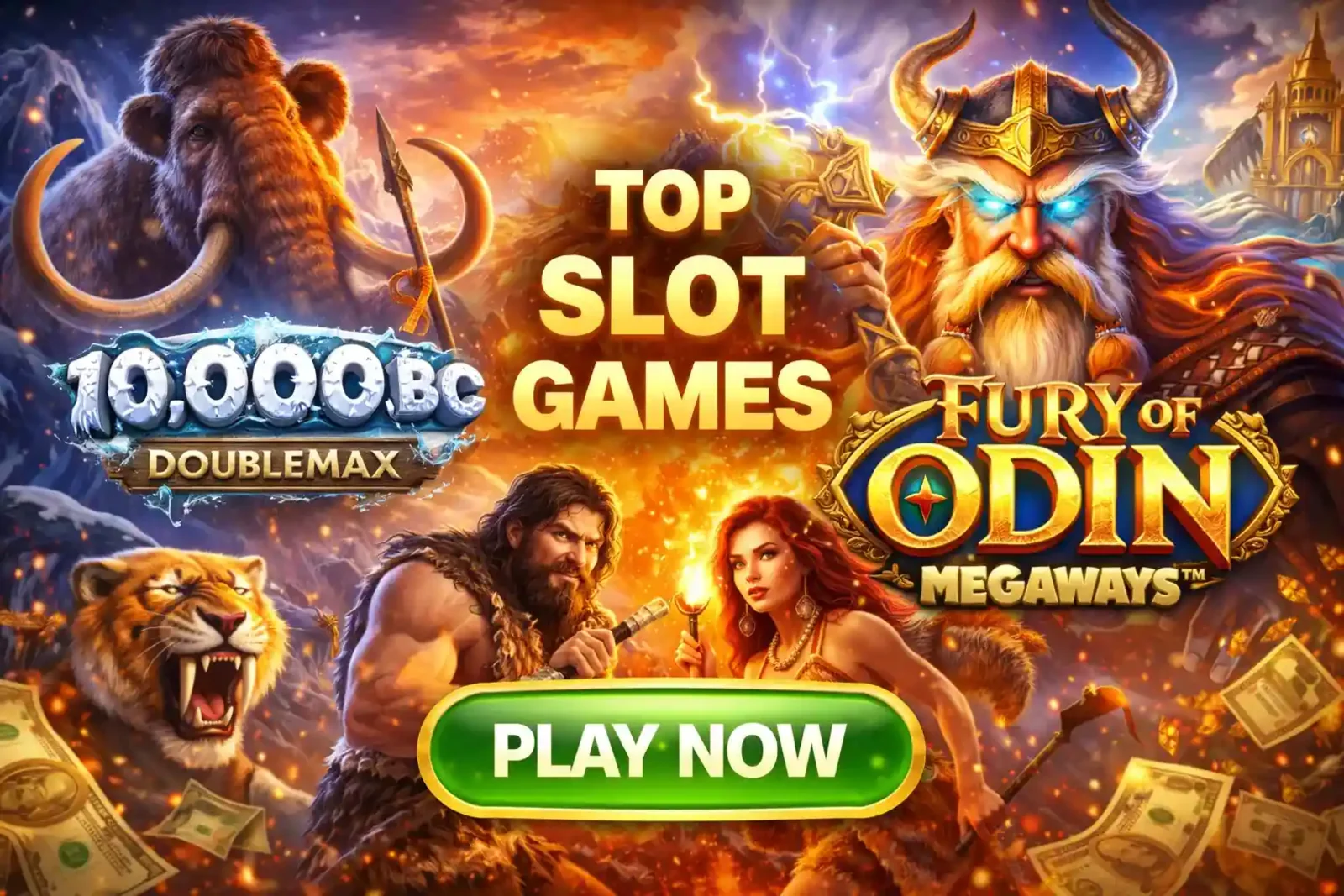 Featured slot games including 10000BC DoubleMax and Fury of Odin Megaways with play now button