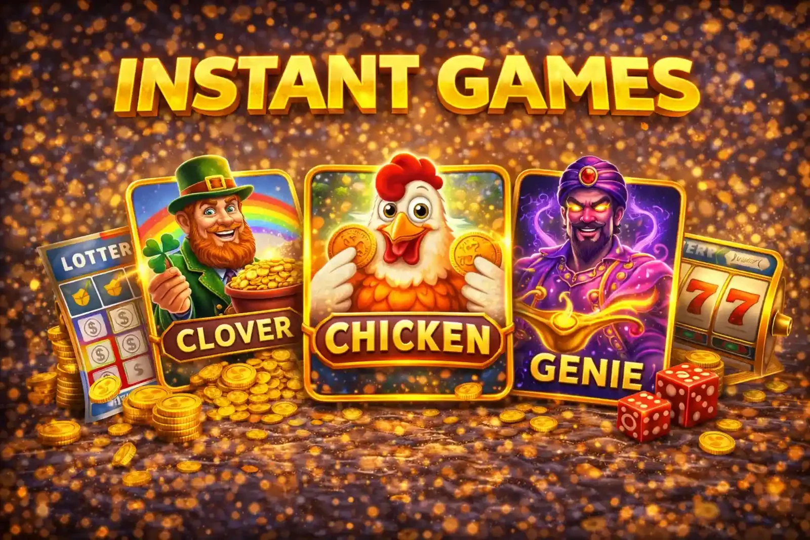 Variety of instant win games including Clover Chicken and Genie with lottery and slot elements