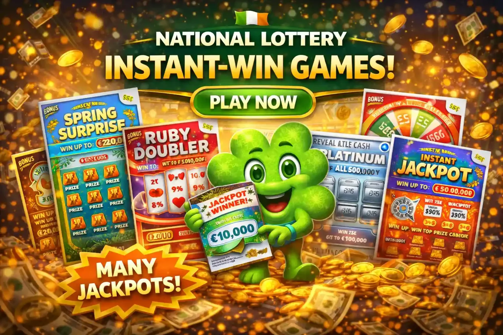 Irish National Lottery instant win scratch cards with shamrock mascot and multiple jackpots