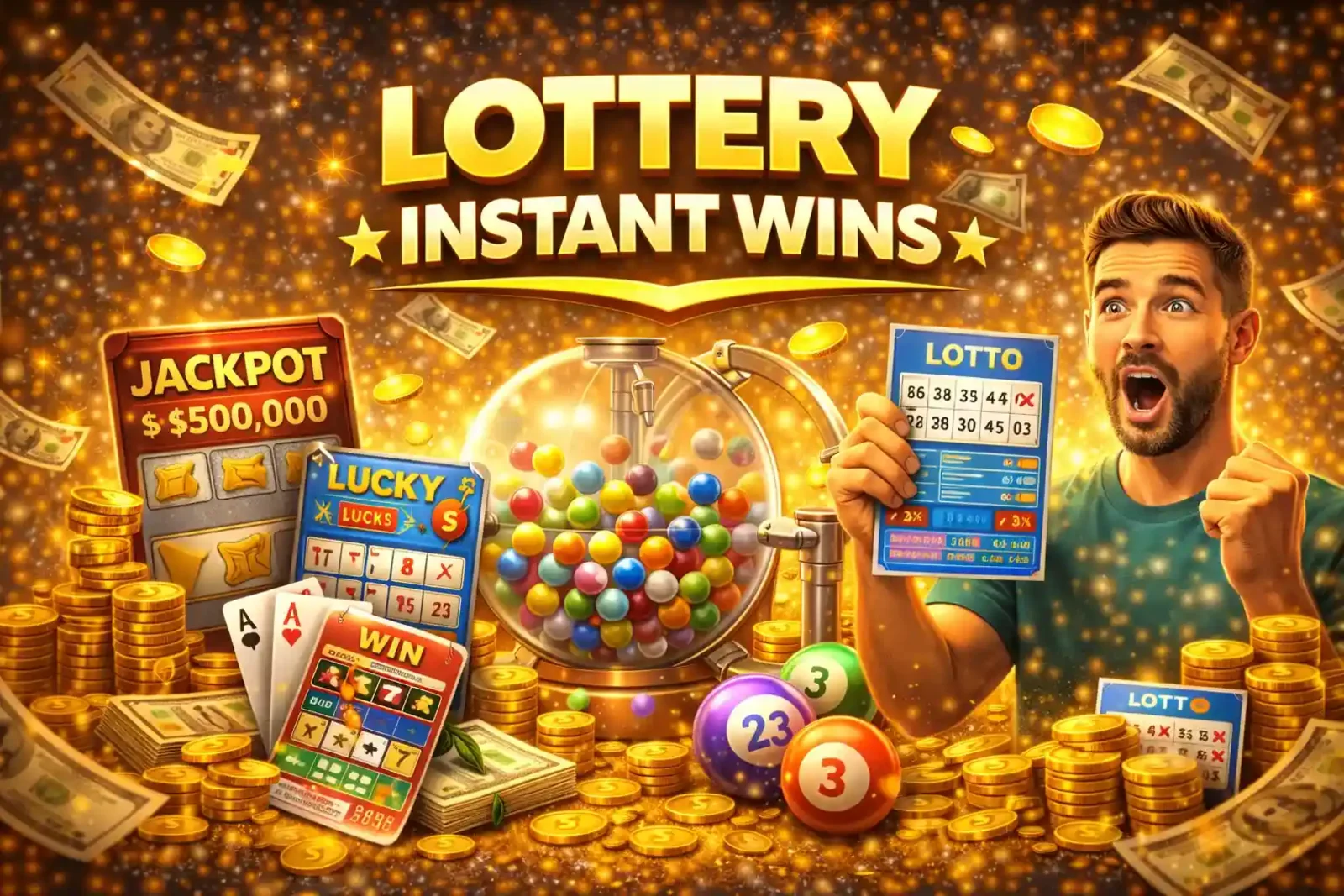 Instant win lottery games featuring jackpot prizes scratch cards and winning number combinations