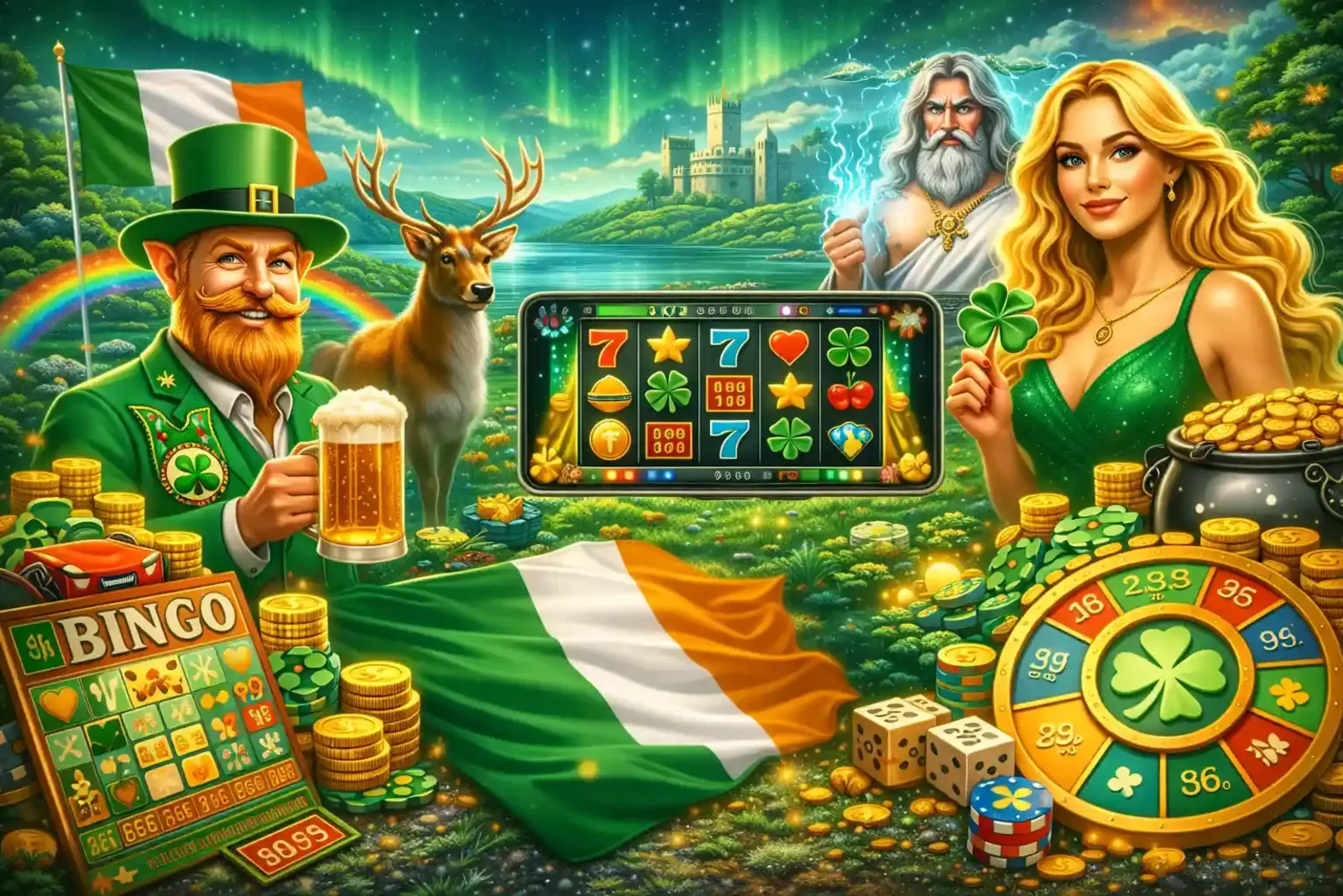 Irish themed casino games with leprechaun mythology characters and traditional Irish symbols