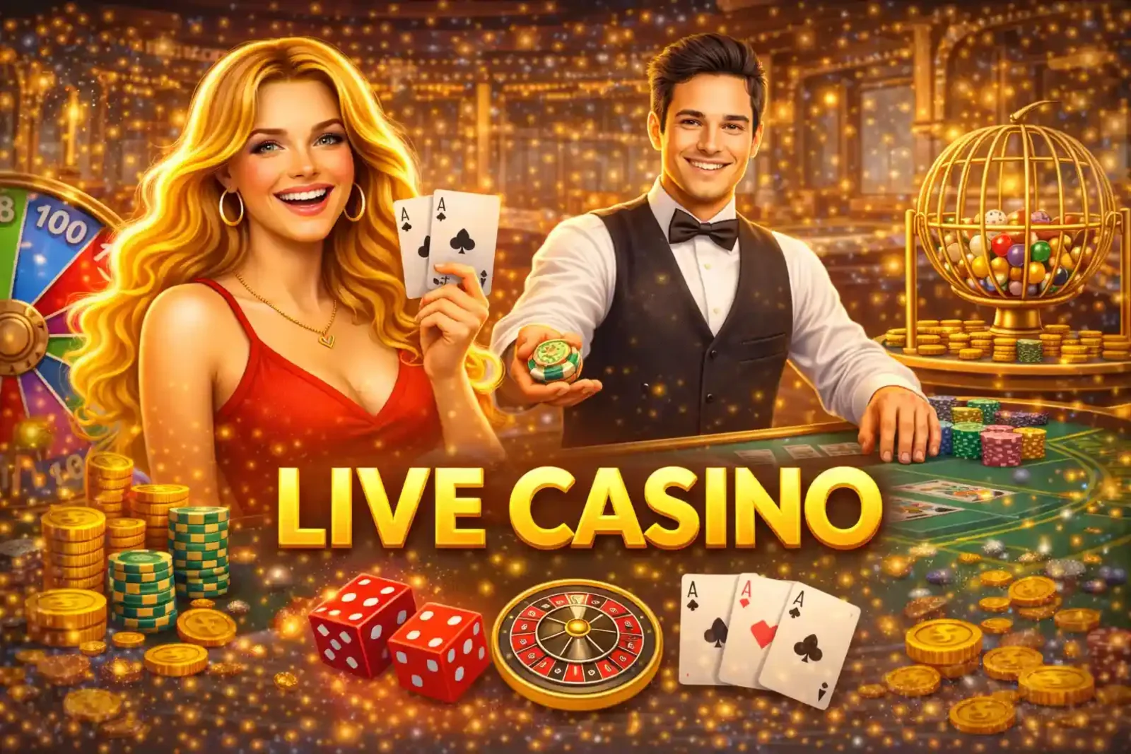 Glamorous live casino atmosphere with dealers playing cards dice and roulette wheel