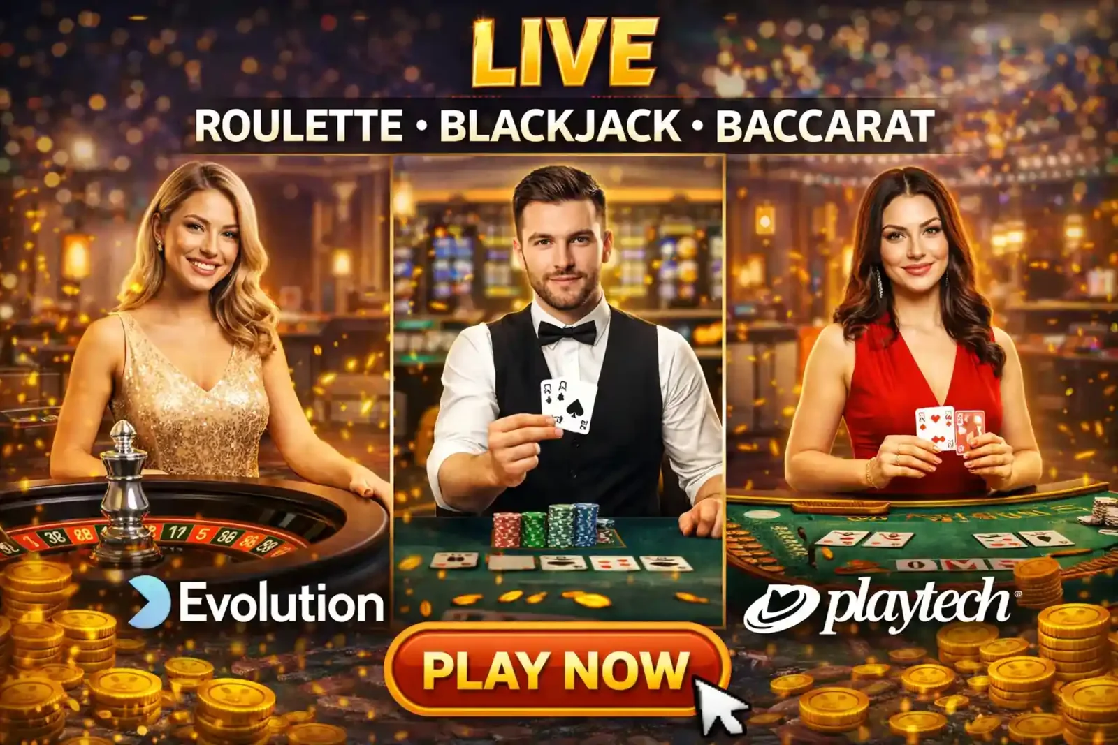 Live roulette blackjack and baccarat tables with professional dealers from Evolution and Playtech
