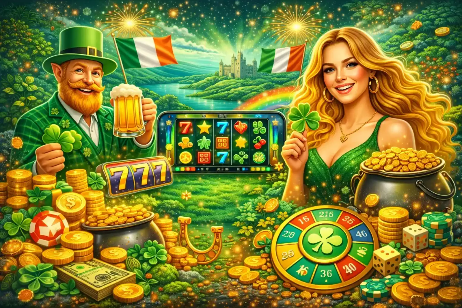 Complete Irish themed mobile casino experience with leprechaun lucky charms slot games and shamrock roulette wheel
