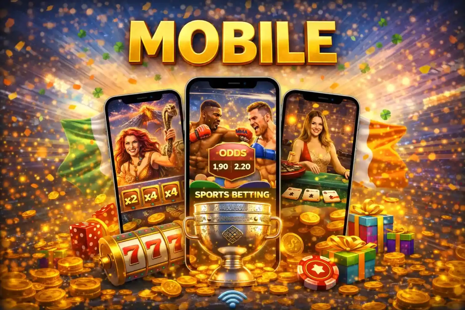 Mobile casino app showcasing slots sports betting and live casino games with Irish flag theme