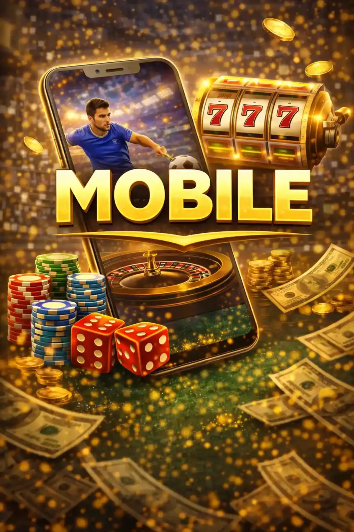 Mobile phone displaying football sports betting slot machine roulette and casino chips with golden effects