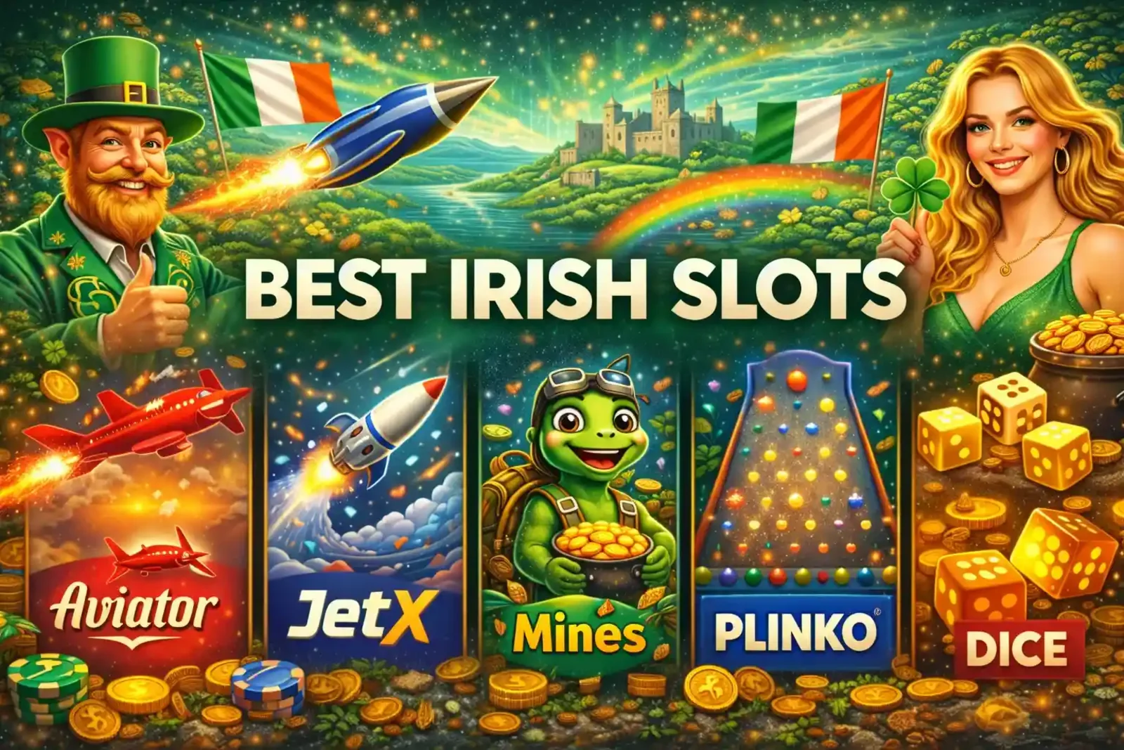 Irish themed slot games collection featuring Aviator JetX Mines Plinko and Dice with lucky charms