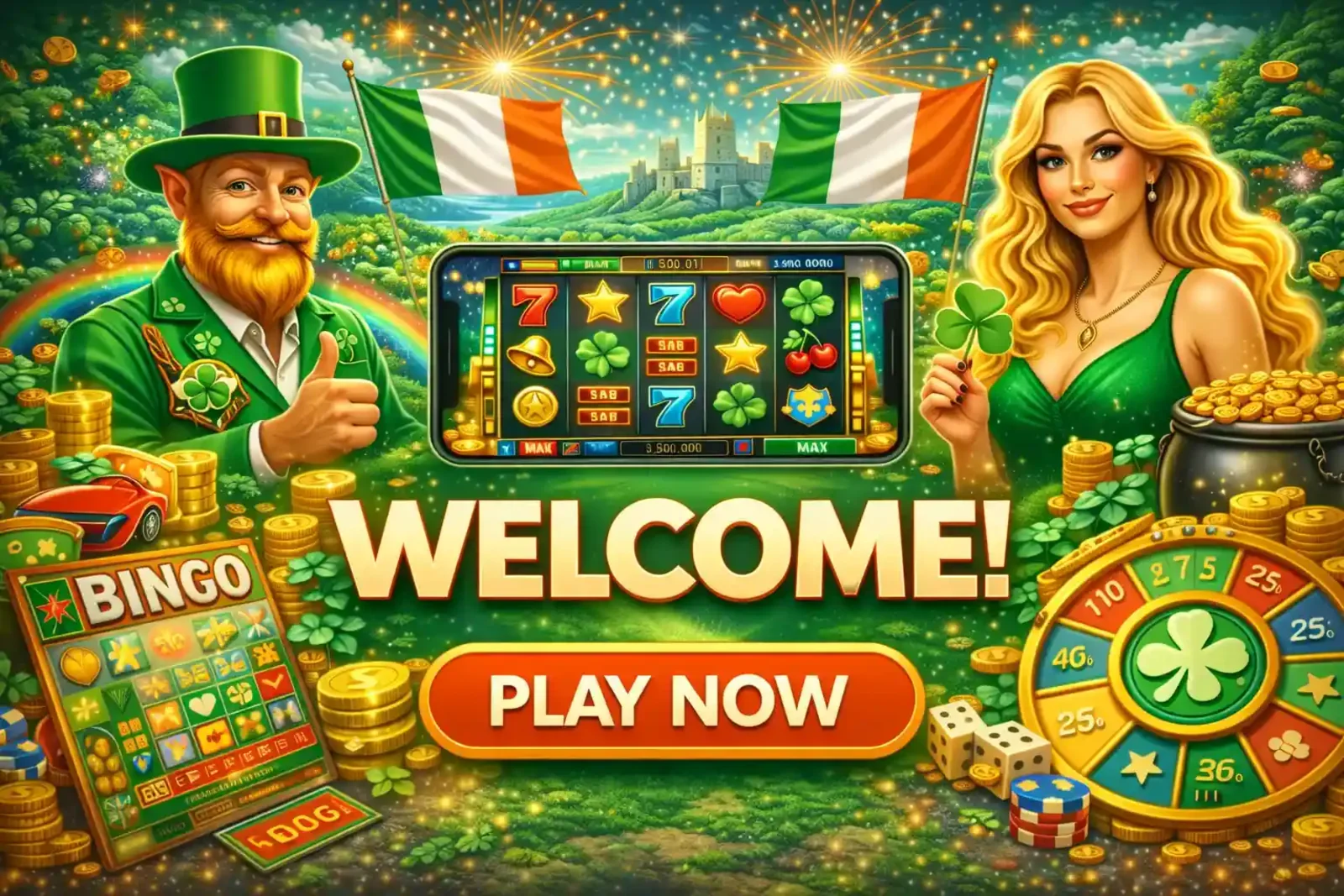 Welcome promotion for Irish players featuring slot machine bingo and roulette with shamrock theme