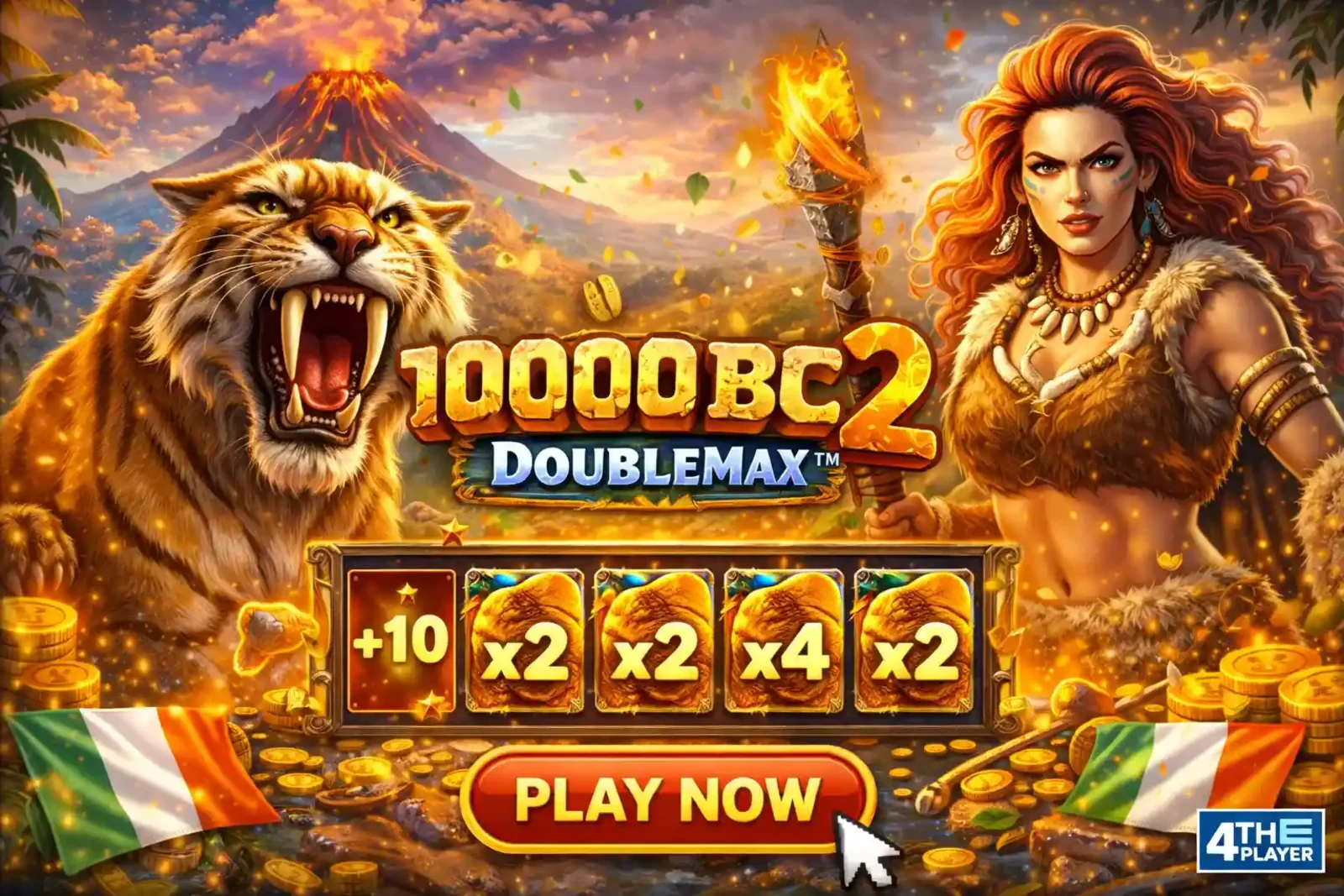 10000BC 2 DoubleMax slot game with saber tooth tiger warrior and volcanic background scene