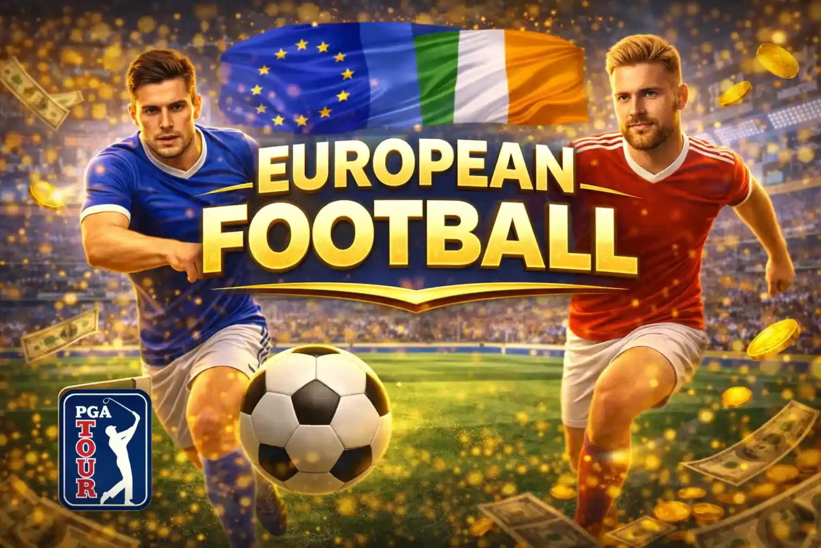 European football sports betting featuring Irish flag EU stars and competitive match graphics