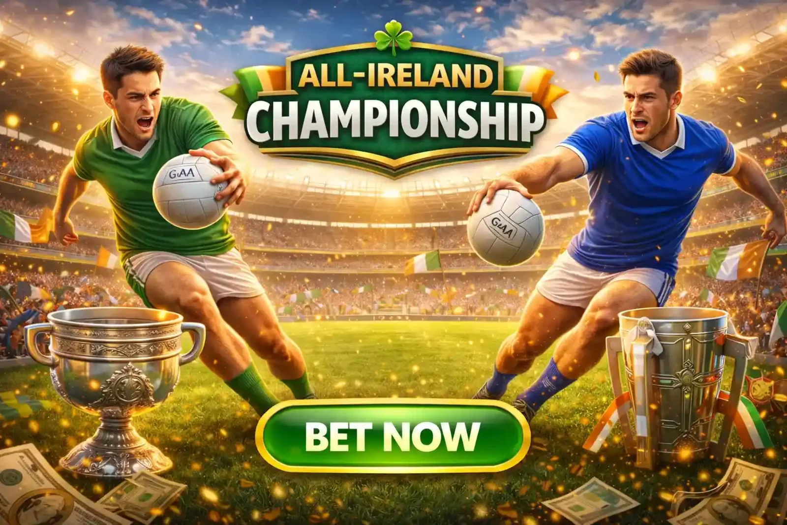 All Ireland Gaelic football championship sports betting with county teams and trophy display