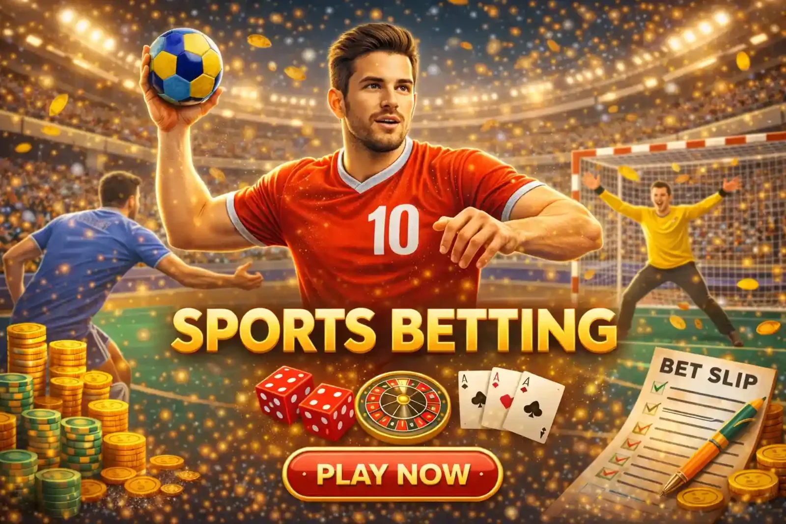 Professional handball player in action with sports betting slip and live odds interface